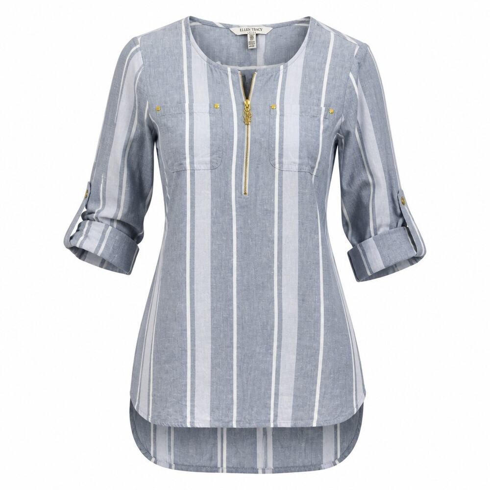 Ellen Tracy 100% Linen Tunic Womens Small Blue White Stripe Roll Tab Zip Top